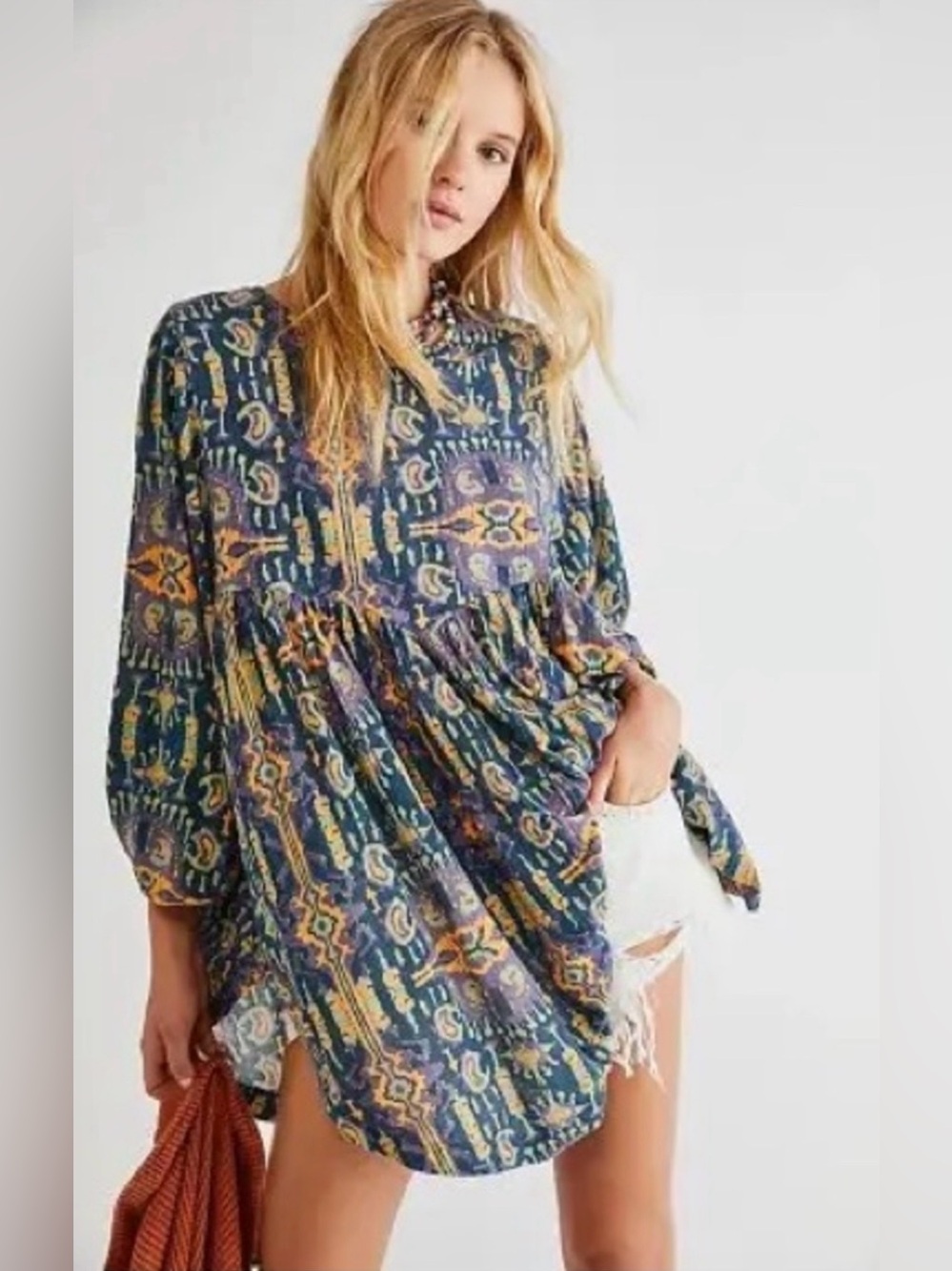 FREE PEOPLE This Is It Tunic Top Ikat Print Navy S Oversized